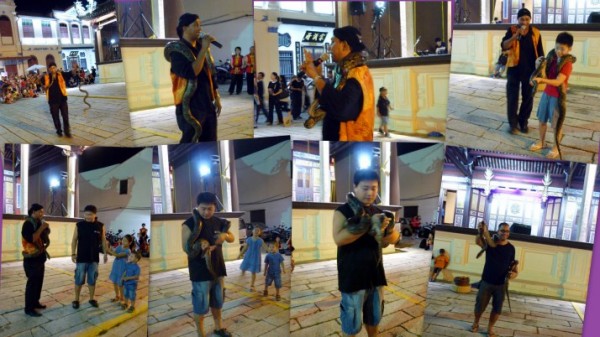 Snakes and Pythons of the Snake Performer.  Top right photo – a Penang boy with the python.  Bottom photos show a visitor from China and his family (note the children standing a short distance away once the father has the python around his neck). Bottom right photo, a visitor from Italy.